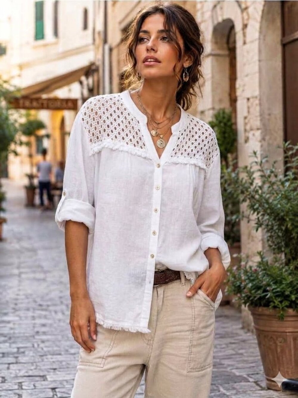 Made in Italy Linen Eyelet Crochet lace Ditails Shirt Blouse Size 2XL White